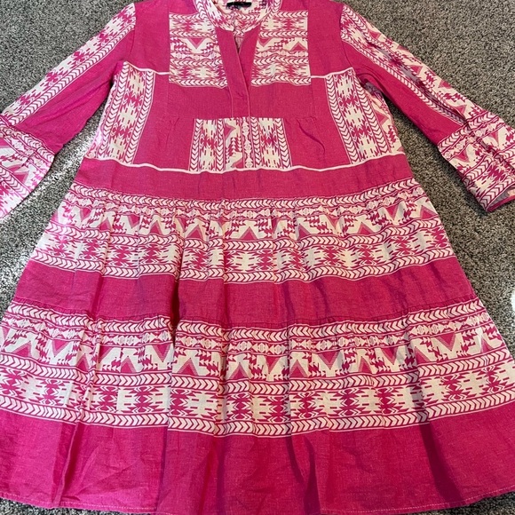MSK Dresses & Skirts - MSK Pink White Long Sleeve Aztec Geometric Print Linen Dress Women’s Size M